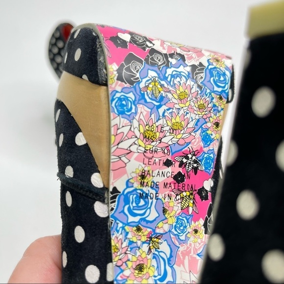 IRREGULAR Choice Black White Velvet Retro Pin-up Polka Dot Peeptoe Platform Heel - Picture 12 of 15